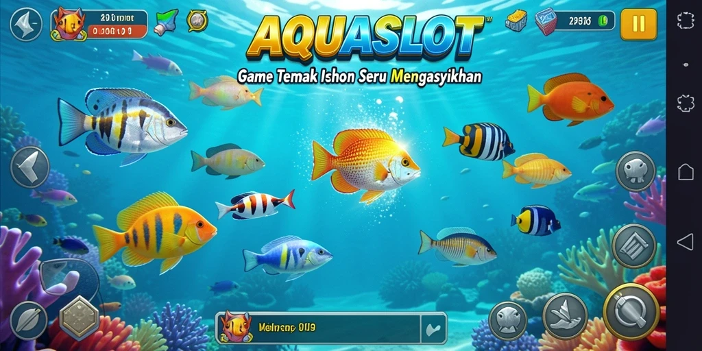 Tampilan gameplay AQUASLOT dengan aksi menembak ikan yang seru.