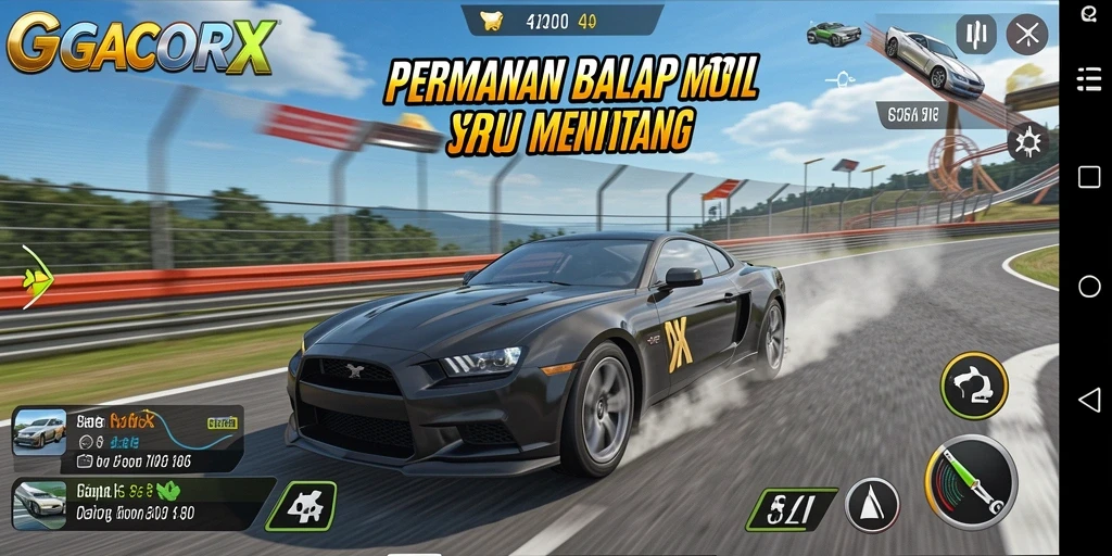Gameplay GACORX yang seru dengan balapan cepat dan mobil beragam.