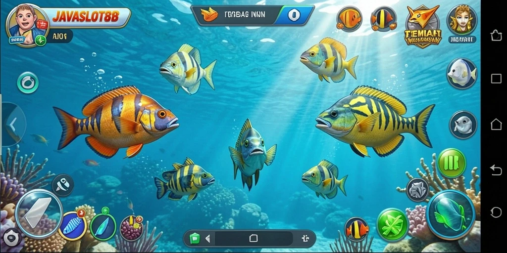 Screenshot gameplay JAVASLOT88 yang menampilkan aksi menembak ikan.