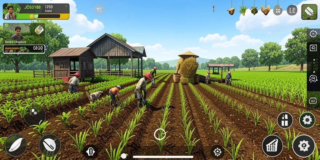 Tangkapan layar menunjukkan gameplay bertani yang menyenangkan di JOSS188.