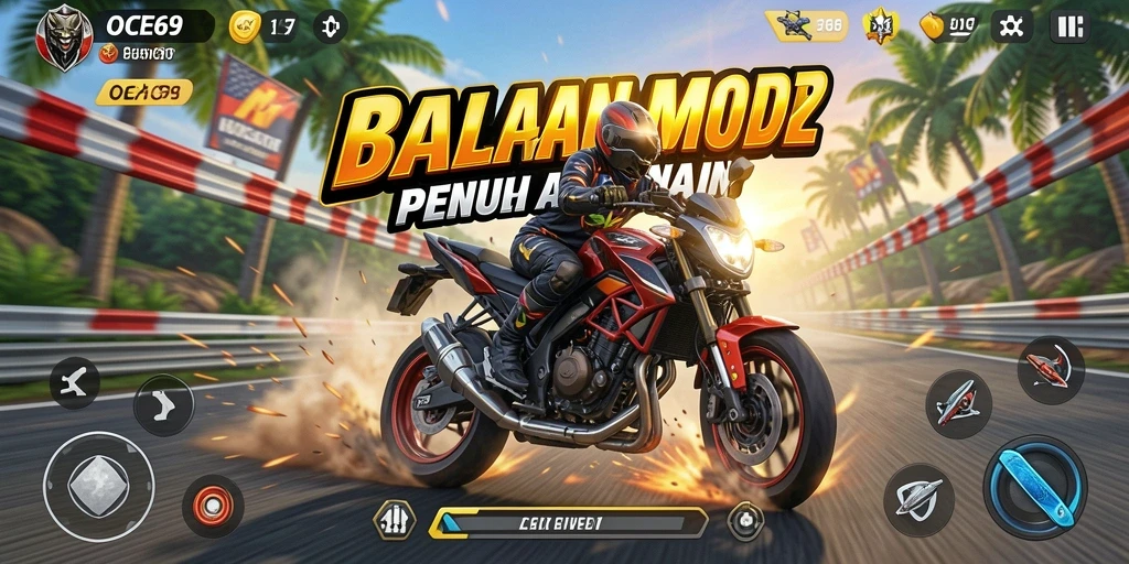 Screenshot gameplay OCE69 yang menampilkan aksi balapan motor yang mendebarkan.