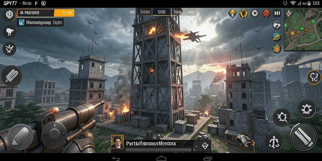 Tampilan menara dan musuh dalam gameplay SPY77 yang seru.