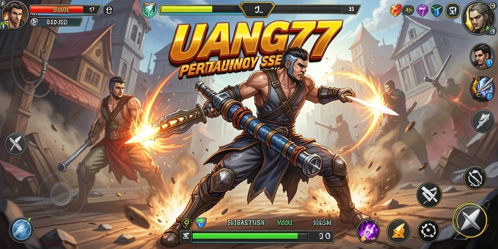Screenshot gameplay UANG77 menampilkan aksi pertempuran yang intens.